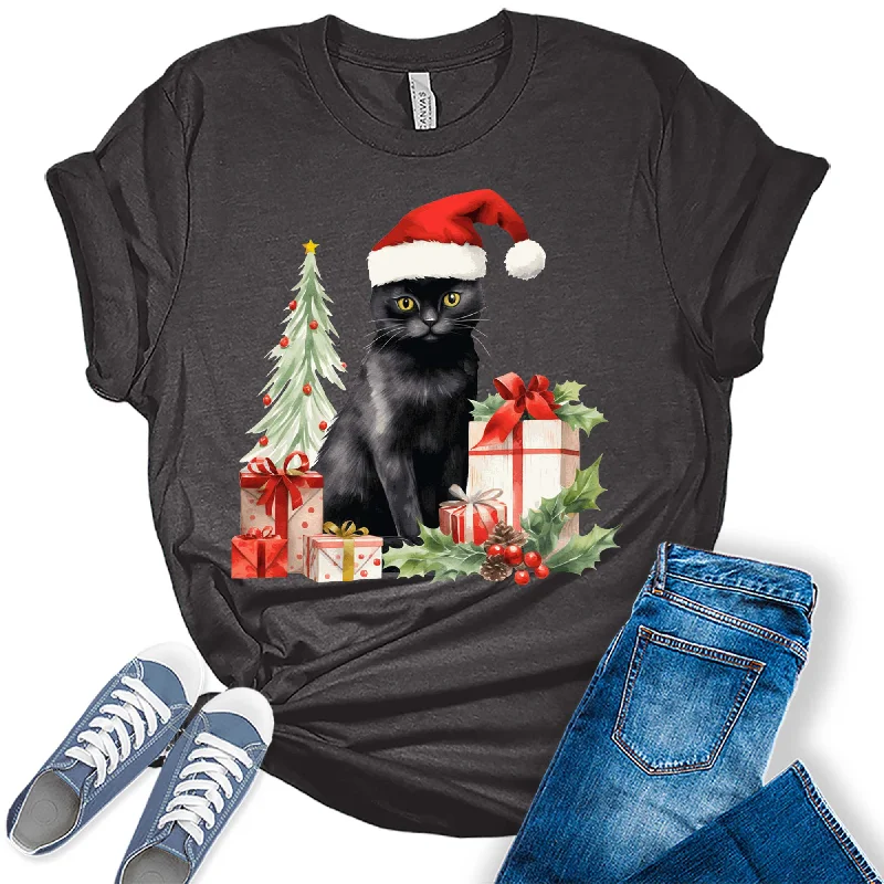 Women's Christmas Cat Wearing Santa Hat Holiday Graphic Tees Faux Fur Fabric Real Fur Fabric Shearling Fabric