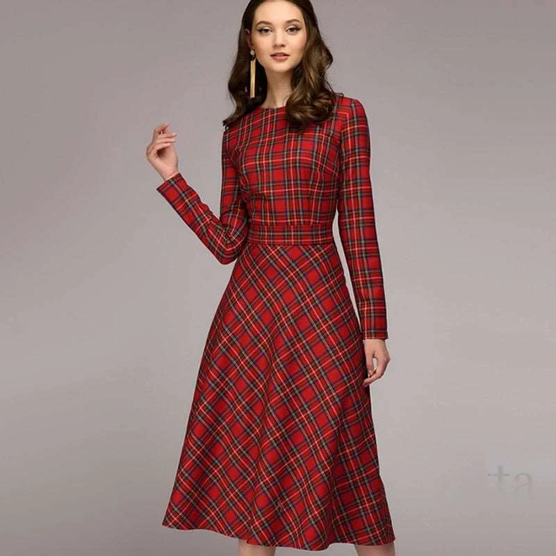 Women's Elegant Plaid Checkered Midi Dress Comfortable Geometric Print Midi Dress