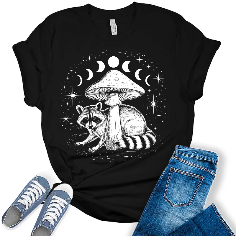 Women's Fall Raccoon Mushroom Moon Phases Trendy Graphic Tees Rayon Velvet Corduroy