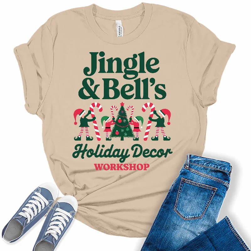 Women's Jingle And Bells Christmas Graphic Tees Mesh Canvas Denim