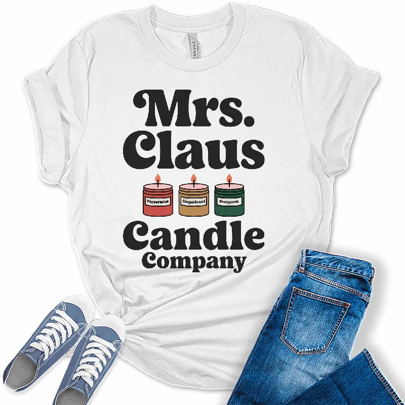 Women's Mrs. Claus Candle Christmas Graphic Tees Front Pockets Side Pockets Patch Pockets