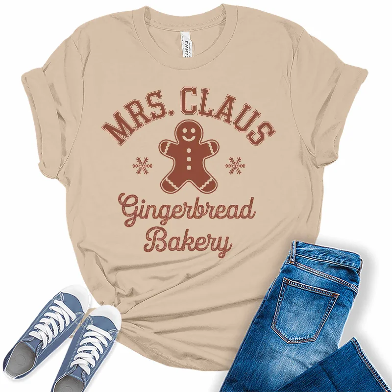 Women's Mrs. Claus Gingerbread Bakery Christmas Graphic Tees Hooded Caped Shawl Collar