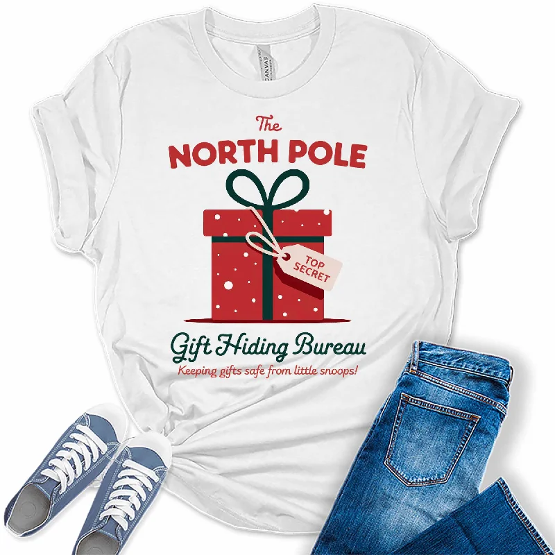 Women's North Pole Gift Hiding Bureau Graphic Tees Nylon Fabric Polyester Fabric Spandex Fabric