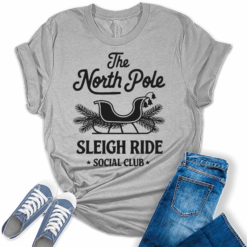 Women's North Pole Sleigh Ride Club Christmas Graphic Tees Hooded Caped Shawl Collar