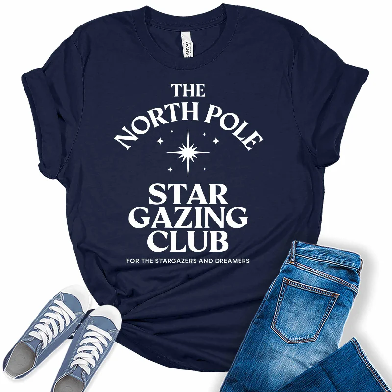 Women's North Pole Star Gazing Club Christmas Graphic Tees Collared T-Shirt Boat Neck A-Line