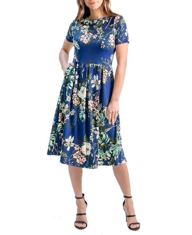 Womens Short Sleeve Floral Pocket Midi Dress Comfortable Empire Waist Midi Dress