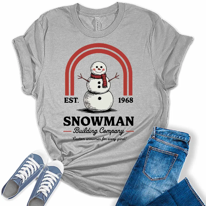 Women's Snowman Building Company Christmas Graphic Tees V-Neck T-Shirt Long Sleeve Cotton