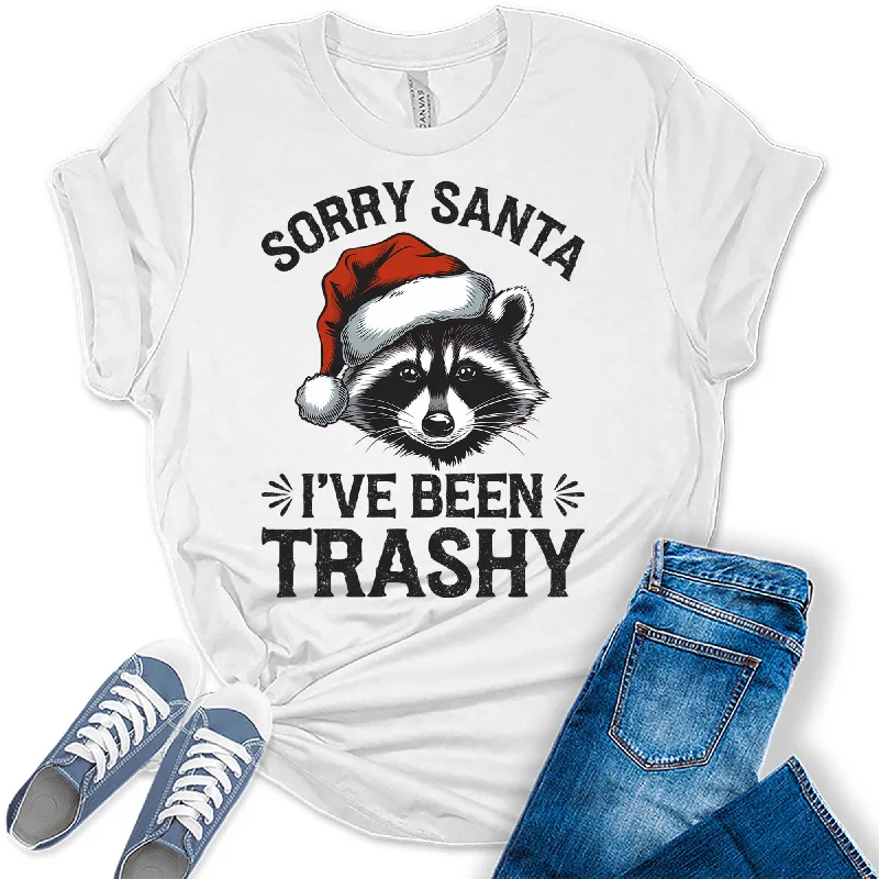 Women's Sorry Santa I've Been Trashy Christmas Raccoon Graphic Tees Collared Crew Neck Turtle Neck