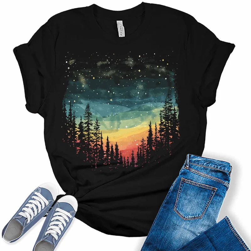 Womens Vintage Retro Northern Lights Sunset Forest Camping Hiking Graphic Tees Graphic Embroidered Appliqued