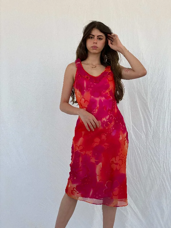 Y2K Cõté Femme Orange & Pink Midi Dress - M Elegant Floral Skirt Midi Dress