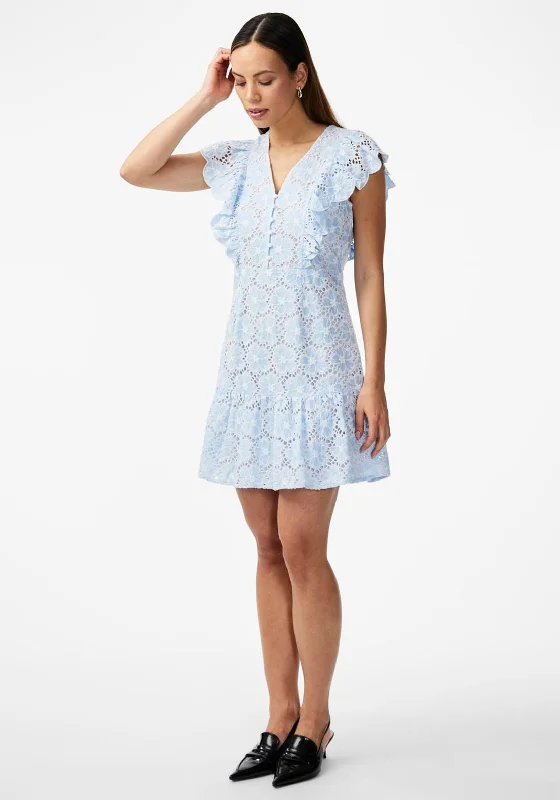 Y.A.S Beauty Broderie Mini Dress, Clear Sky & White Elegant Velvet Mini Dress