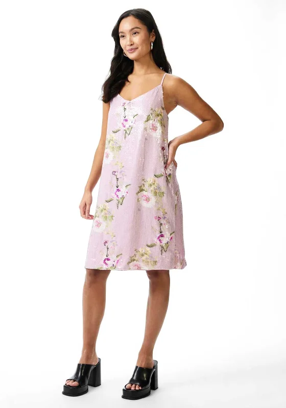 Y.A.S Elodie Sequins Floral Midi Dress, Rose Smoke Trendy Flared Sleeve Midi Dress