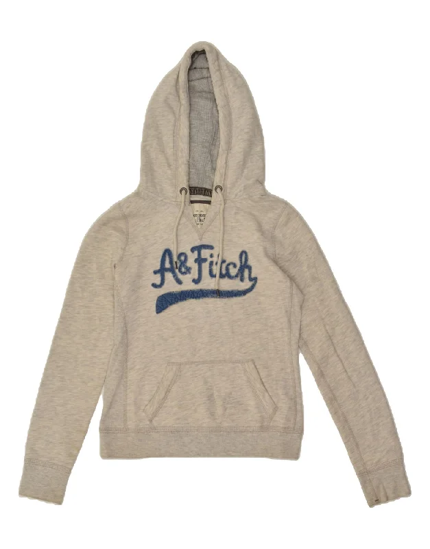 ABERCROMBIE & FITCH Womens Graphic Hoodie Jumper UK 14 Medium Grey Cotton Hoodie with Hem Patch Decorative Personalized