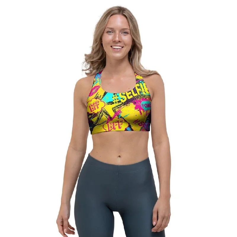 Abstract Comic Bubble Graffiti Print Sports Bra Soft Mesh Bra