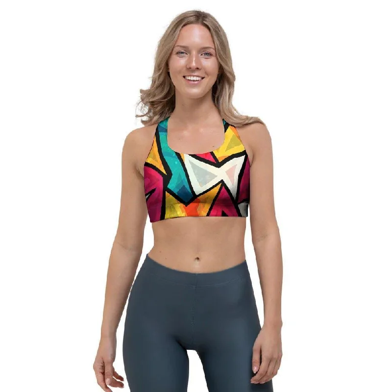 Abstract Geometric Colorful Sports Bra Stretchy Full Coverage