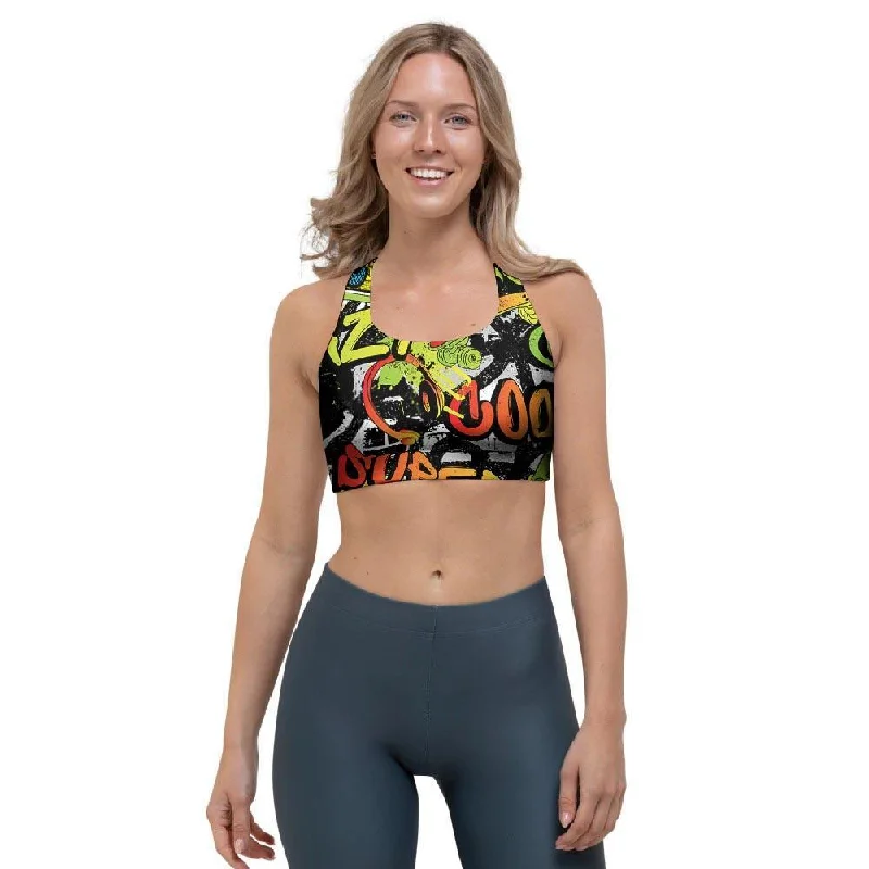 Abstract Graffiti Drips Print Sports Bra Chic Lace Underwear