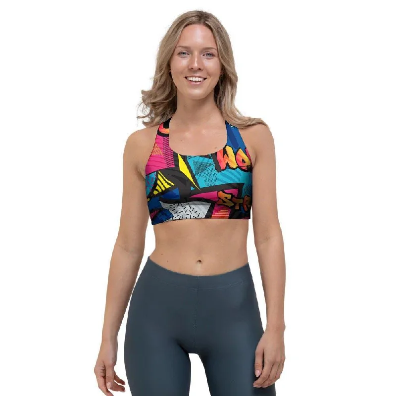 Abstract Graffiti Wow Print Sports Bra Minimalist Wireless Bra