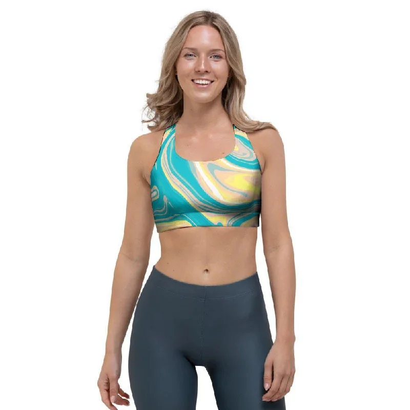 Abstract Green Marble Sports Bra Soft Cup Bra