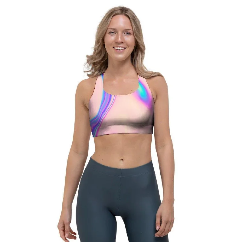 Abstract Trippy Holographic Sports Bra Lace-Trimmed Bra