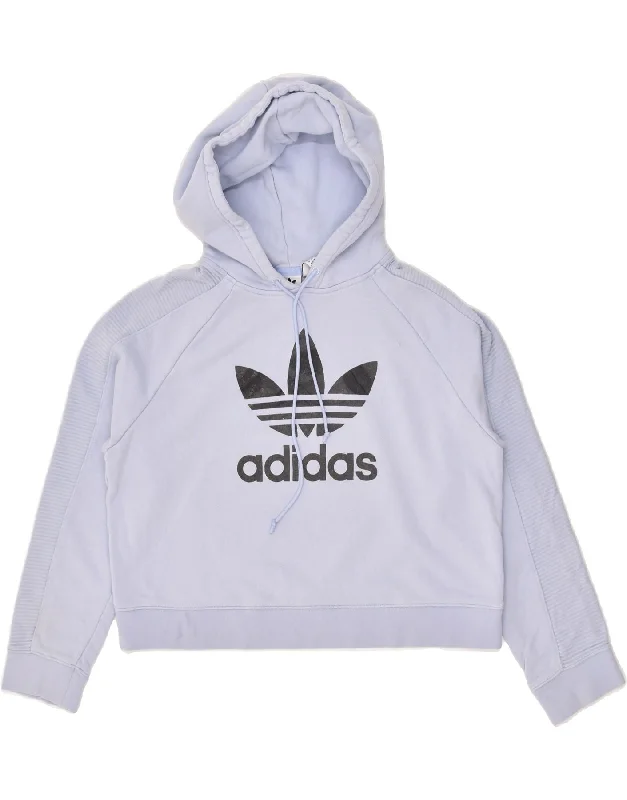 ADIDAS Womens Crop Graphic Hoodie Jumper UK 12 Medium  Blue Cotton Hoodie with Toggle Buttons Decorative Unique