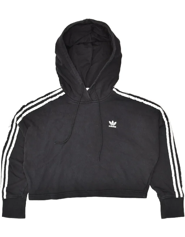 ADIDAS Womens Crop Hooded Hoodie Jumper UK 4 XS Black Cotton Hoodie with Side Slits Relaxed Casual