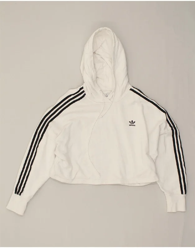 ADIDAS Womens Crop Hoodie Jumper UK 10 Small  Off White Cotton Hoodie with Drawstring Waist Adjustable Fitted