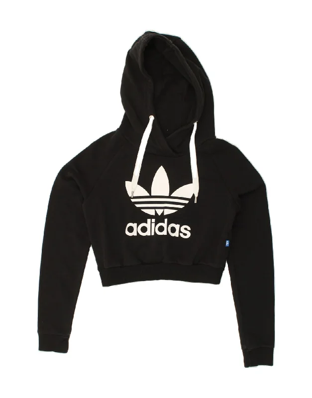 ADIDAS Womens Graphic Crop Hoodie Jumper UK 6 XS Black Cotton Hoodie with Button Classic Timeless