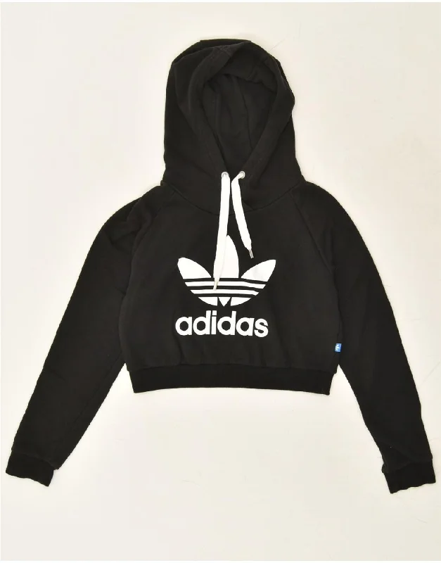 ADIDAS Womens Graphic Crop Hoodie Jumper UK 8 Small  Black Cotton Hoodie with Earth Tones Natural Calm