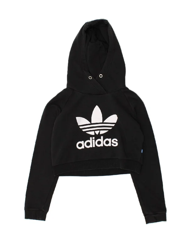 ADIDAS Womens Graphic Crop Hoodie Jumper UK 8 Small Black Hoodie with Hem Raw Edge Edgy Unfinished