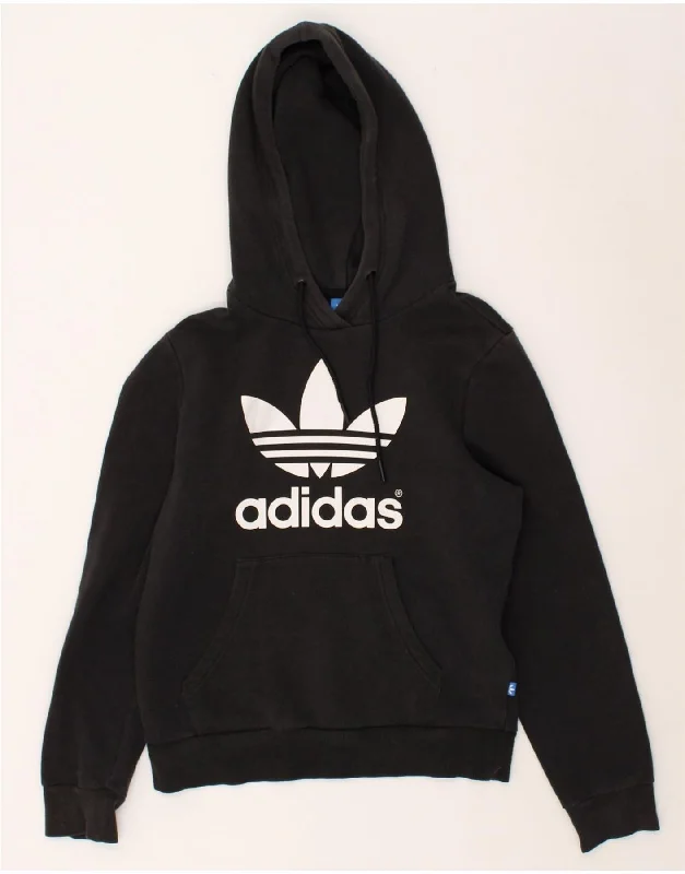 ADIDAS Womens Graphic Hoodie Jumper UK 10 Small Black Cotton Hoodie with Rolled Sleeves Casual Relaxed