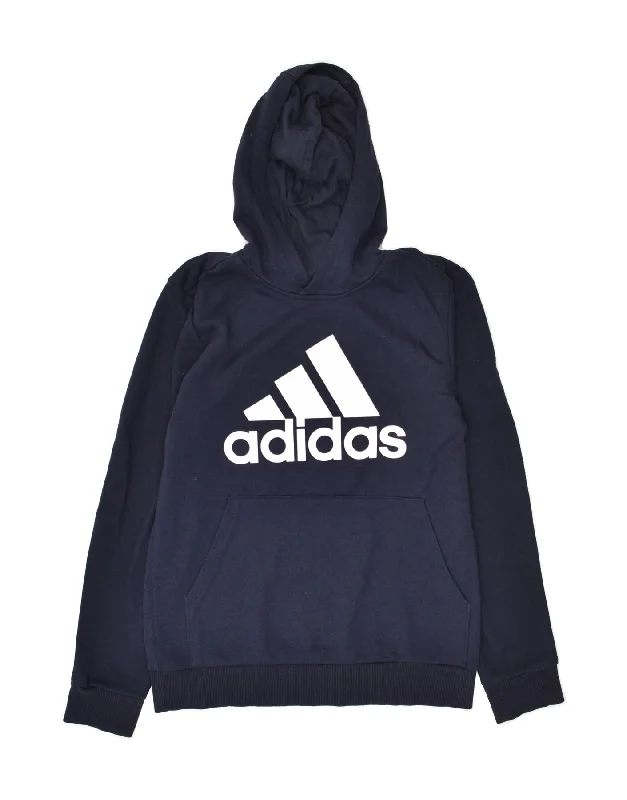 ADIDAS Womens Graphic Hoodie Jumper UK 10 Small Navy Blue Cotton Hoodie with Strings Custom Fit Adjustable