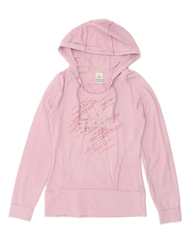 ADIDAS Womens Graphic Hoodie Jumper UK 10 Small Pink Cotton Hoodie with Rolled Sleeves Casual Relaxed