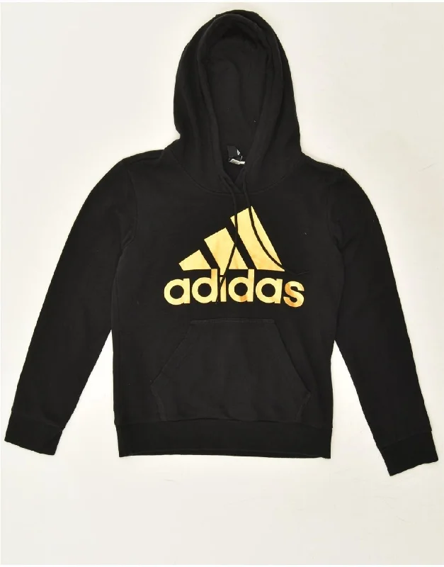 ADIDAS Womens Graphic Hoodie Jumper UK 12 Medium Black Cotton Hoodie with Raw Hem Edgy Unfinished