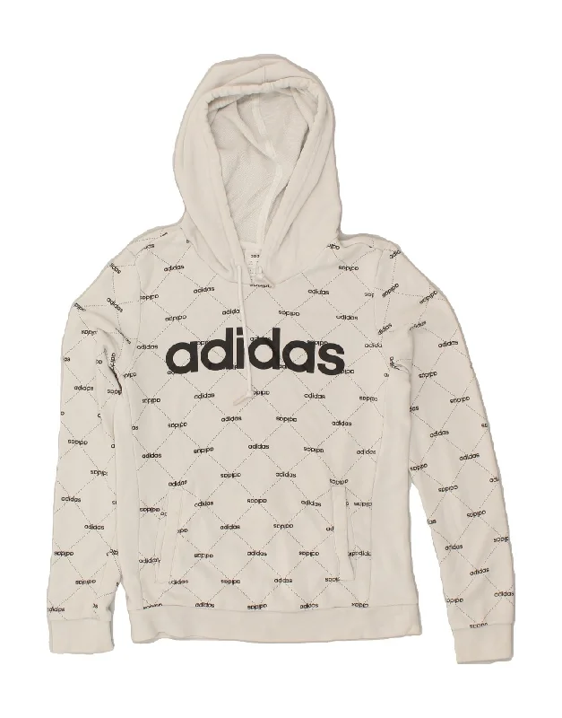 ADIDAS Womens Graphic Hoodie Jumper UK 4/6 XS White Cotton Hoodie with Hem Lace Feminine Delicate