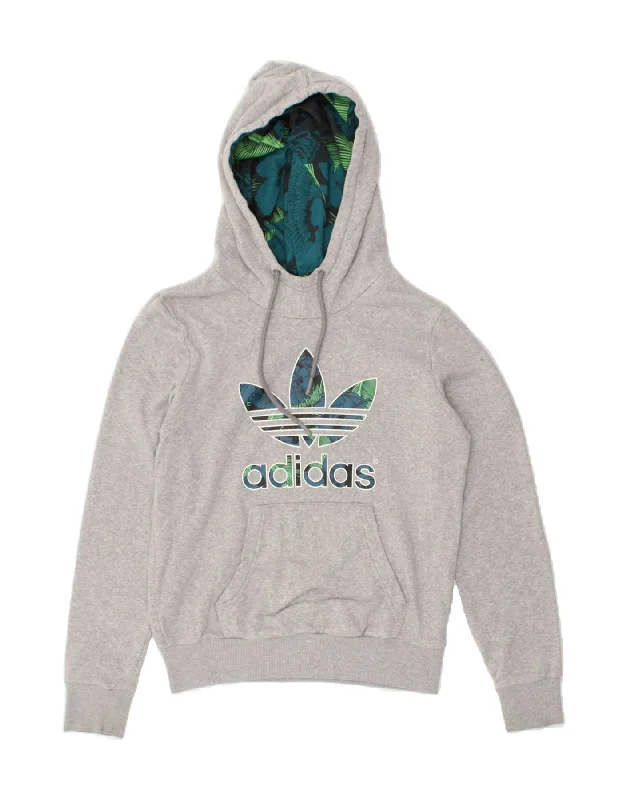 ADIDAS Womens Graphic Hoodie Jumper UK 8 Small Grey Cotton Hoodie with Front Slit Layering Stylish