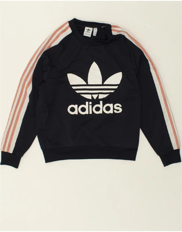 ADIDAS Womens Graphic Sweatshirt Jumper UK 4 XS Navy Blue Polyester Hoodie with Emblem Brand Identity