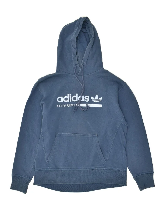 ADIDAS Womens Oversized Graphic Hoodie Jumper UK 6 XS Navy Blue Cotton Hoodie with Logo Branding Identity