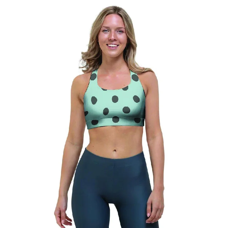 Aqua And Black Polka Dot Sports Bra Full Support Bra