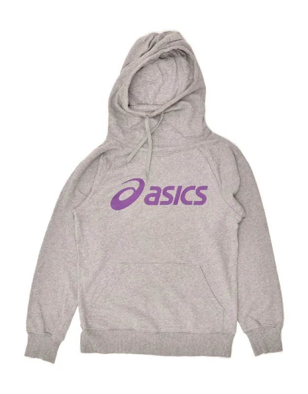 ASICS Womens Graphic Hoodie Jumper UK 14 Medium Grey Cotton Hoodie with Button Classic Timeless