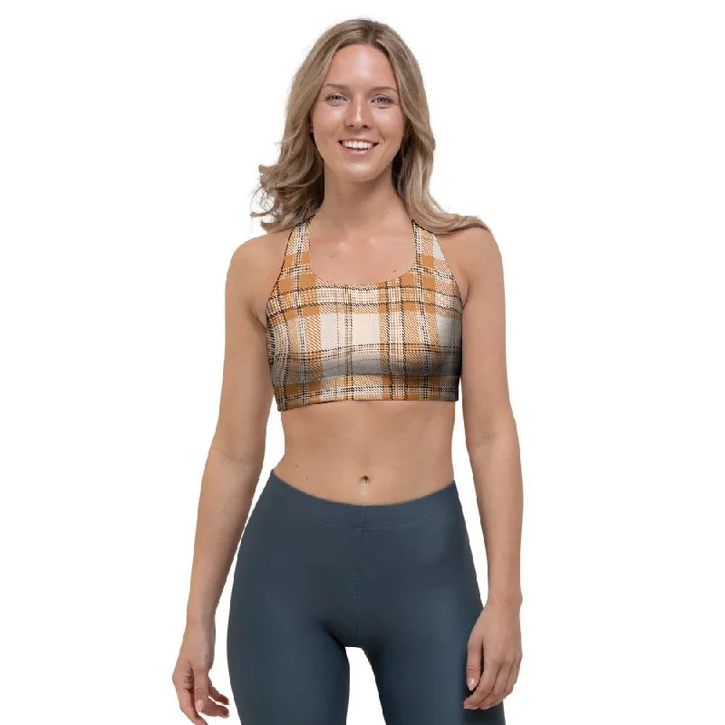 Beige Plaid Tartan Print Sports Bra Stretchy Wireless Bra