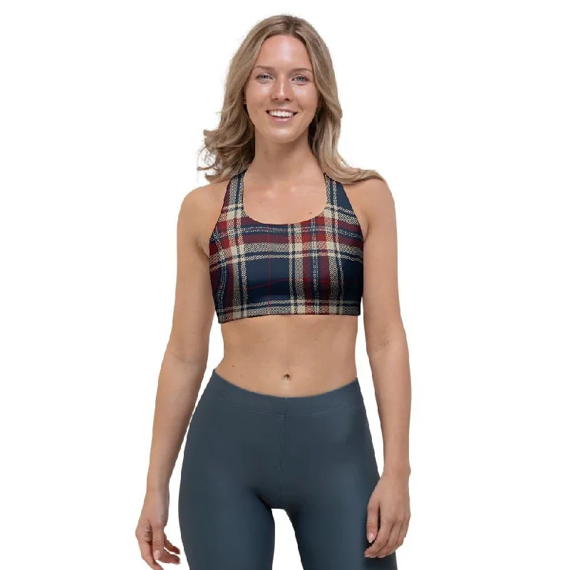 Beige Red And Blue Plaid Tartan Sports Bra Adjustable Fit Bra