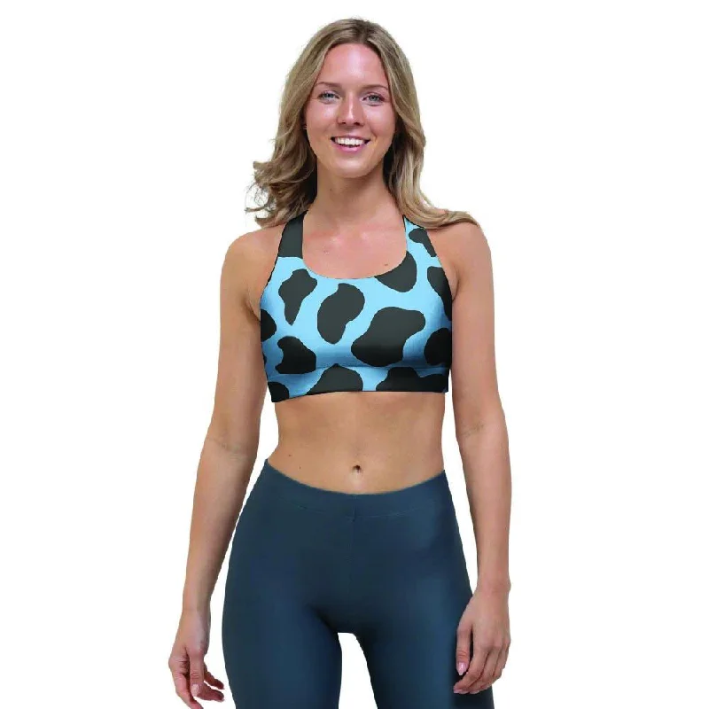 Black And Blue Cow Print Sports Bra Active Wear Bra