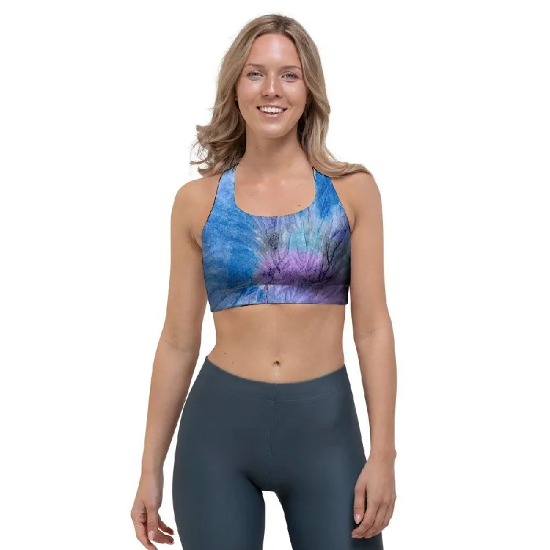 Black And Blue Tie Dye Sports Bra Lace-Trimmed Bra