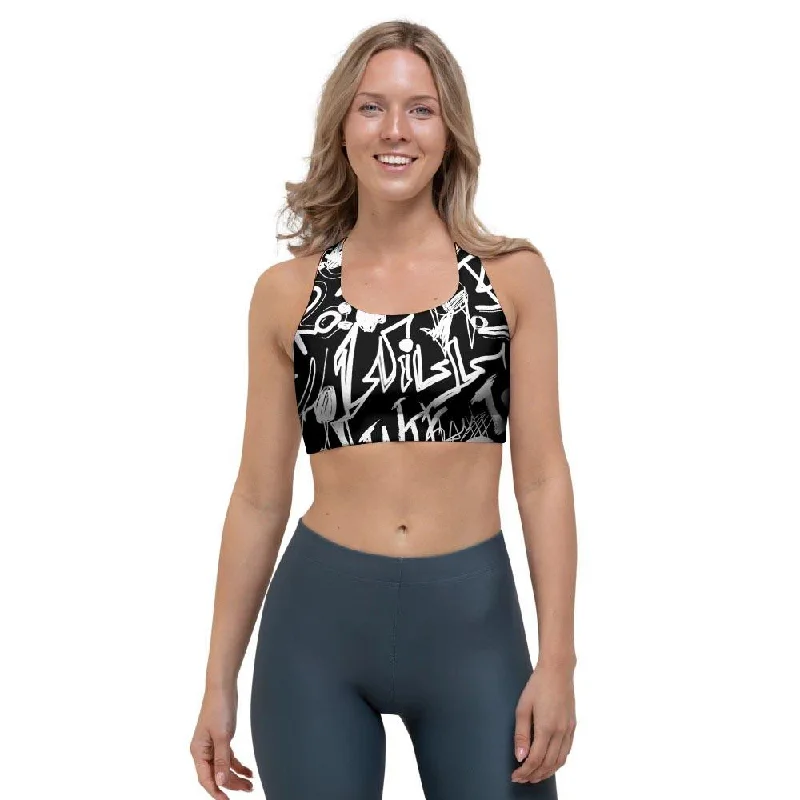 Black And White Graffiti Doodle Text Print Sports Bra Lace Back Bra