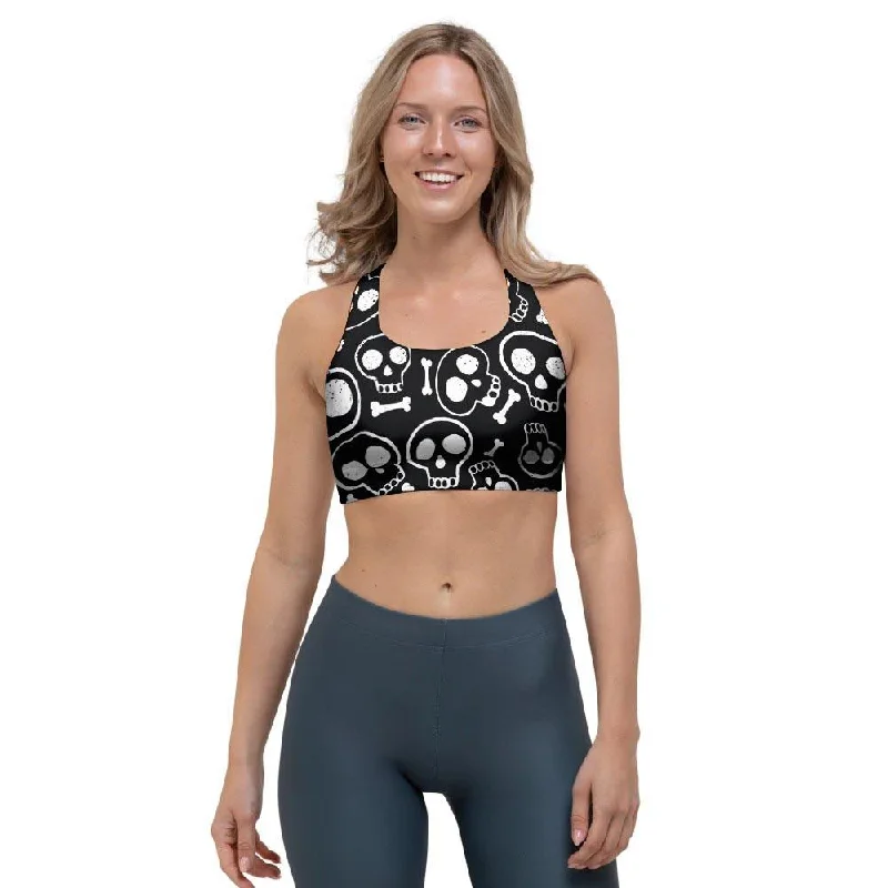 Black Cartoon Skull Sports Bra Soft Support Bra