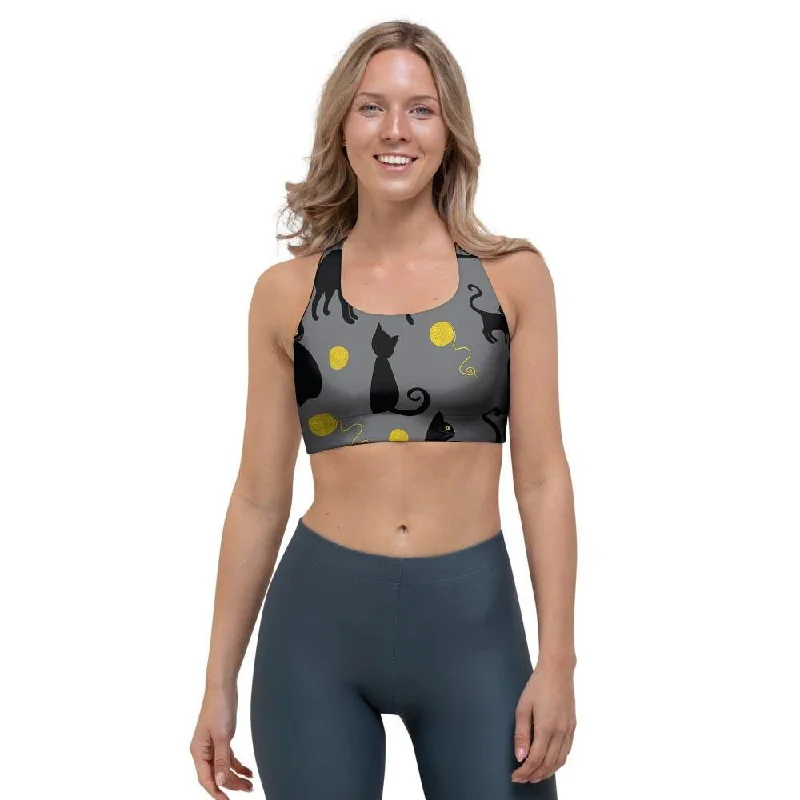 Black Cat Knit Print Sports Bra Full Coverage Bra