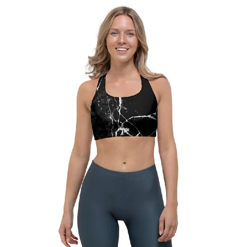 Black Cracked Marble Sports Bra Breathable Sports Bra