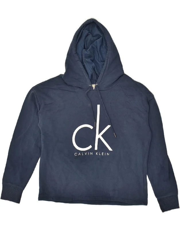 CALVIN KLEIN Womens Graphic Hoodie Jumper UK 14 Medium Navy Blue Cotton Hoodie with Exposed Zipper Edgy Industrial