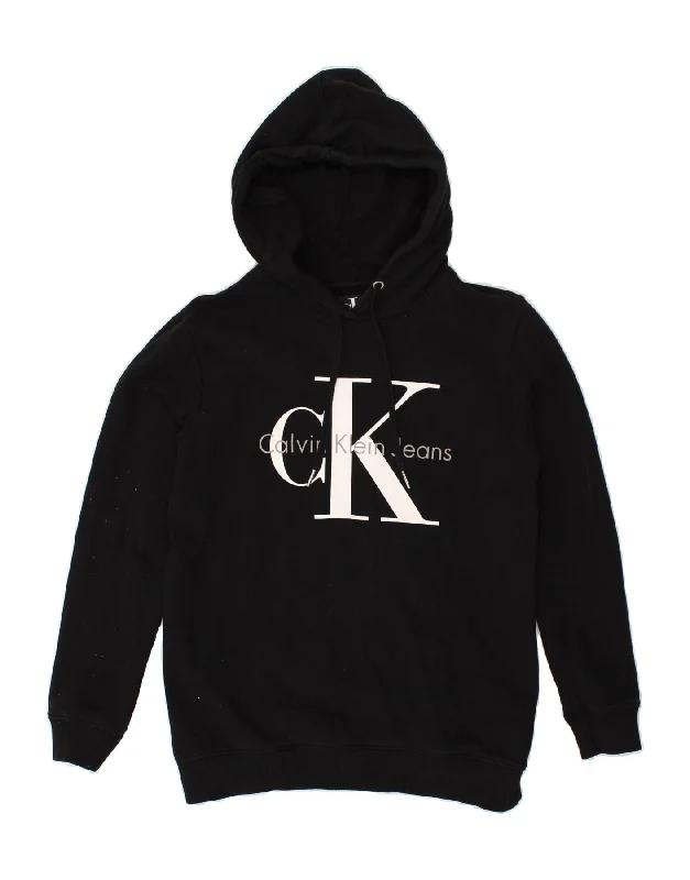 CALVIN KLEIN Womens Graphic Hoodie Jumper UK 6 XS Black Cotton Zip Hoodie Drawstring Kangaroo Pocket