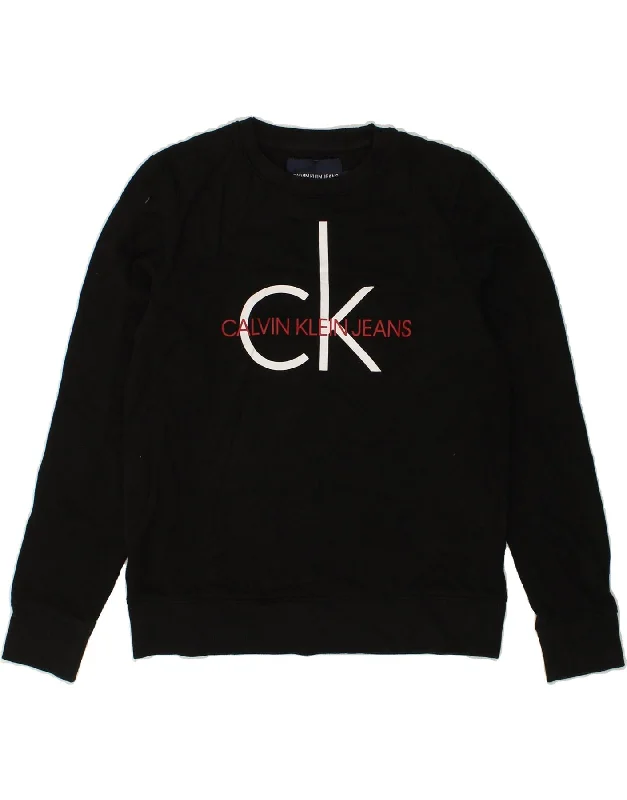 CALVIN KLEIN Womens Graphic Sweatshirt Jumper UK 10 Small Black Hoodie with Embroidery Detailed Premium